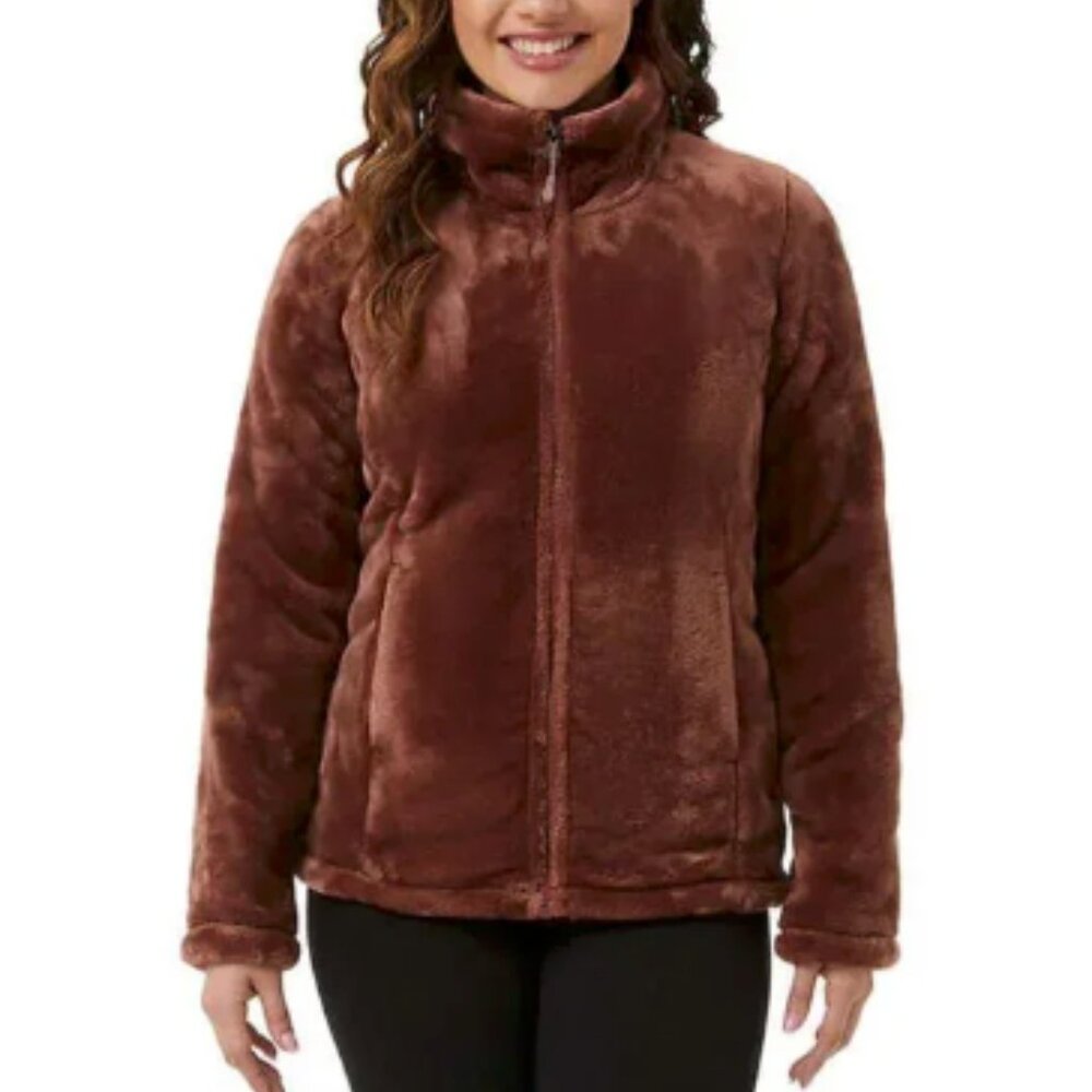 32 Degrees Heat Women's Brown Plush Faux Fur Teddy Zip-Up Jacket Size Large